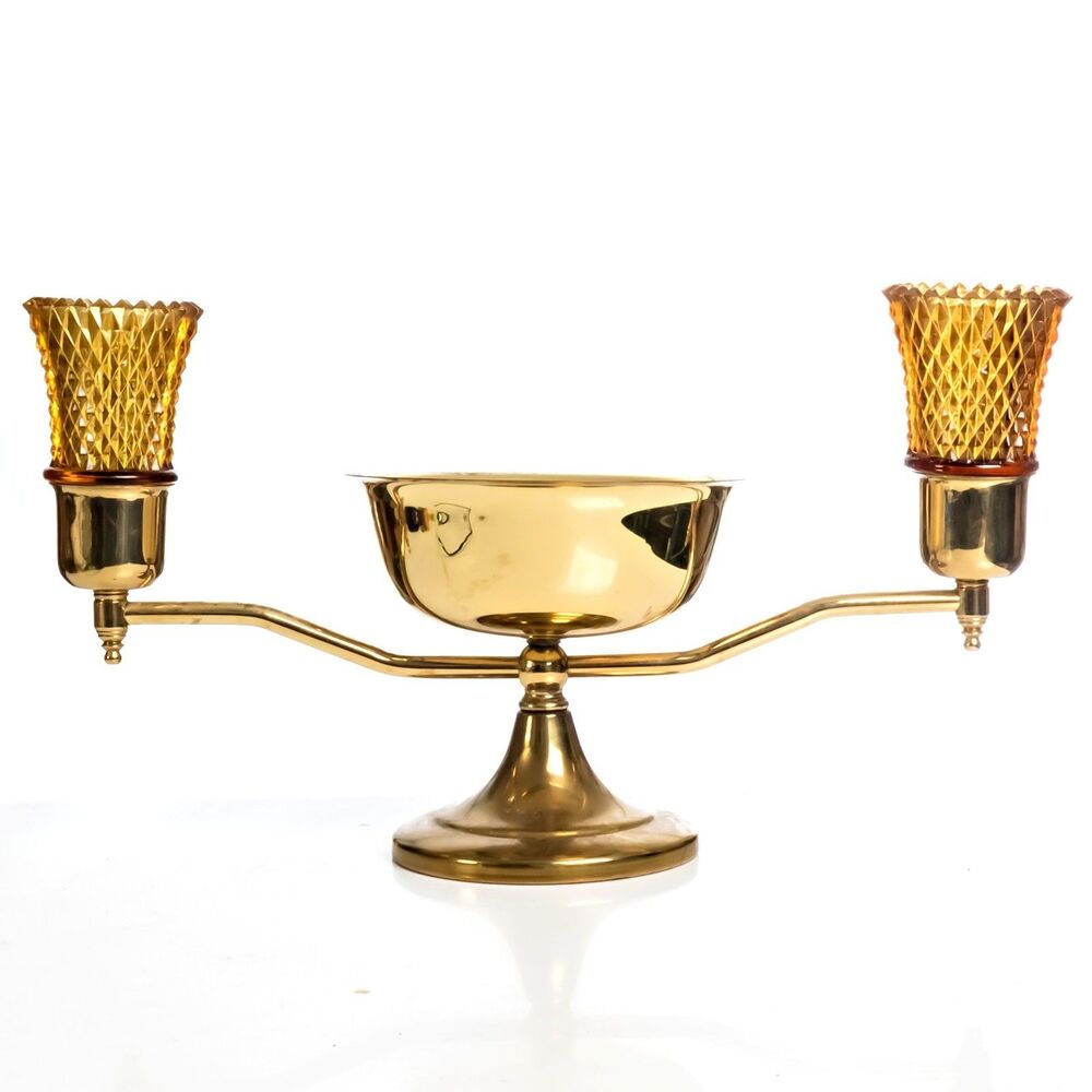 Brass Double Candle Holder with Hobnail Amber Glass Votives